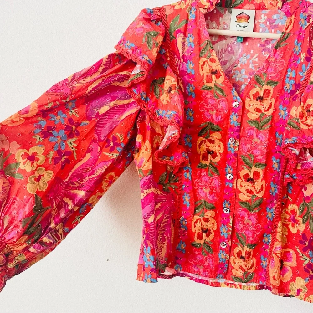 Farm Rio XS Spring Bananas red multicolor puff sleeve ruffle oversized blouse